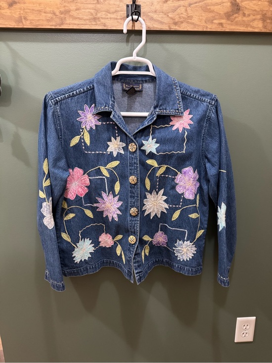 new directions Jackets & Blazers - new directions Blue Denim Jacket with Pastel Floral Embroidery